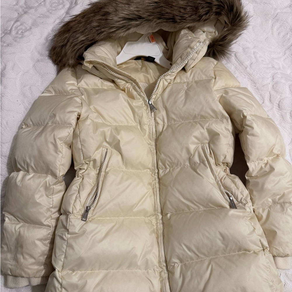 Polo by Ralph Lauren Cream Puffer Coat with Faux Fur Trim